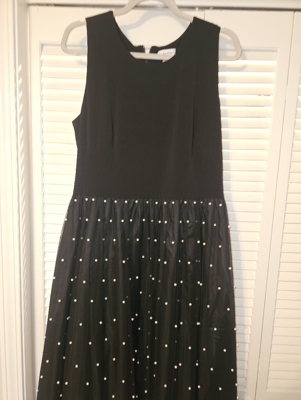 Calvin Klein Black Pearl-Appliqué Tulle Party Dress